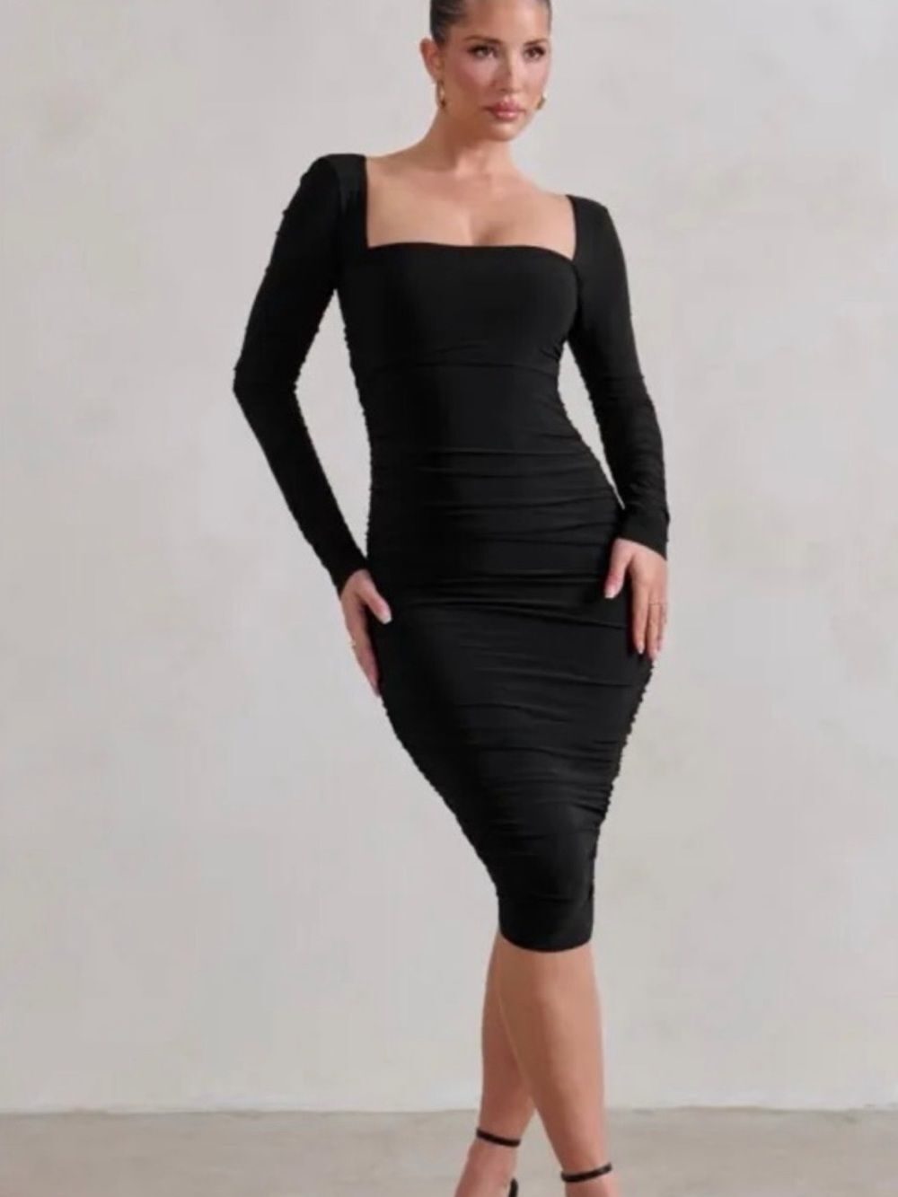 Club L London Seductress Square Neck Long Sleeve Ruched Midi Dress Black Size 10